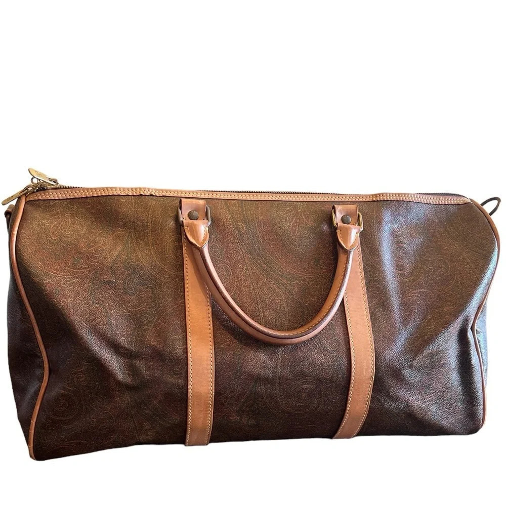 Etro Burgundy Brown Paisley Travel Bag Weekender Duffel Leather Trim Made Italy